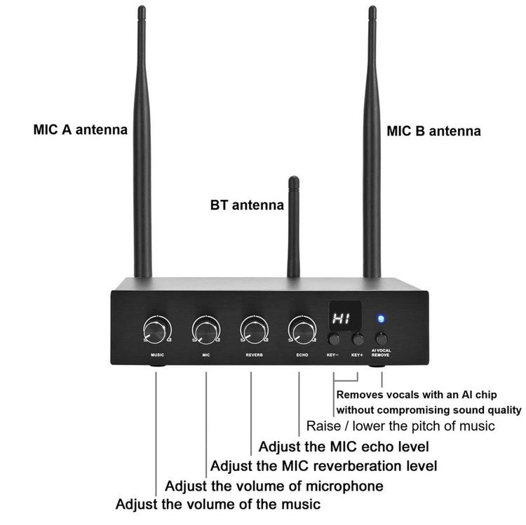 Wireless Microphone Karaoke Mixer System Machine-Aik688, AI Vocal Remover, Pitch Shifter 12 Levels, DSP Reverb and Echo, Feedback Suppression, HDTV with Mic, Support BT Devices or 3.5mm HDTV in/RCA Out